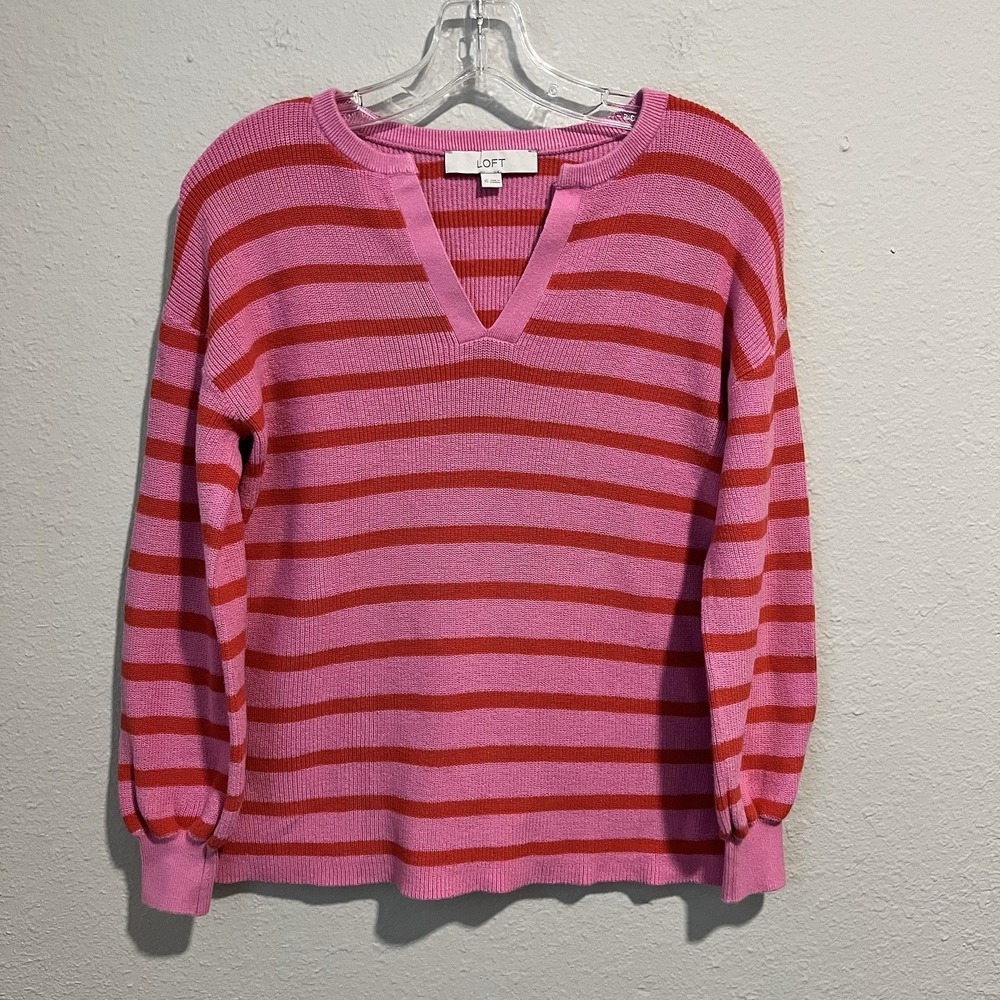 LOFT Womens Sweater XS Pink Red Striped Cotton Knit V-Neck Colorful Fun